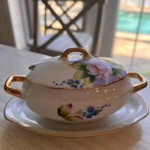 Elegant hand painted  Floral Porcelain sugar bowl with Gold Accents